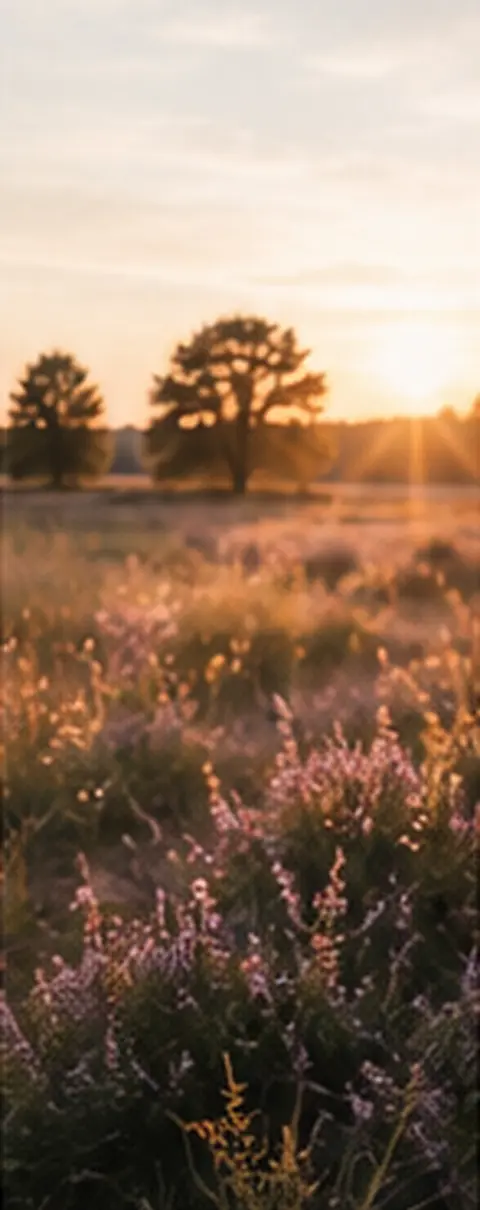 Blühende Heidelandschaft im sommerlichen Abendlicht