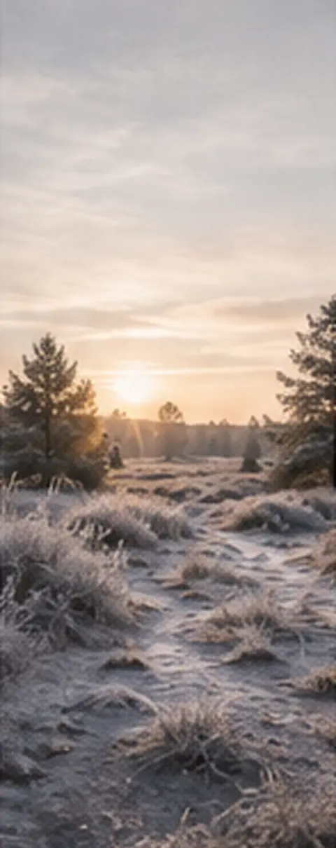 Frostige Heidelandschaft im winterlichen Morgenlicht